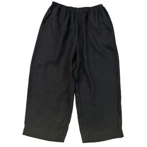 FLAX Black 100% Linen Wide Leg Elastic Waist Pants Women Large Lagenlook Resort